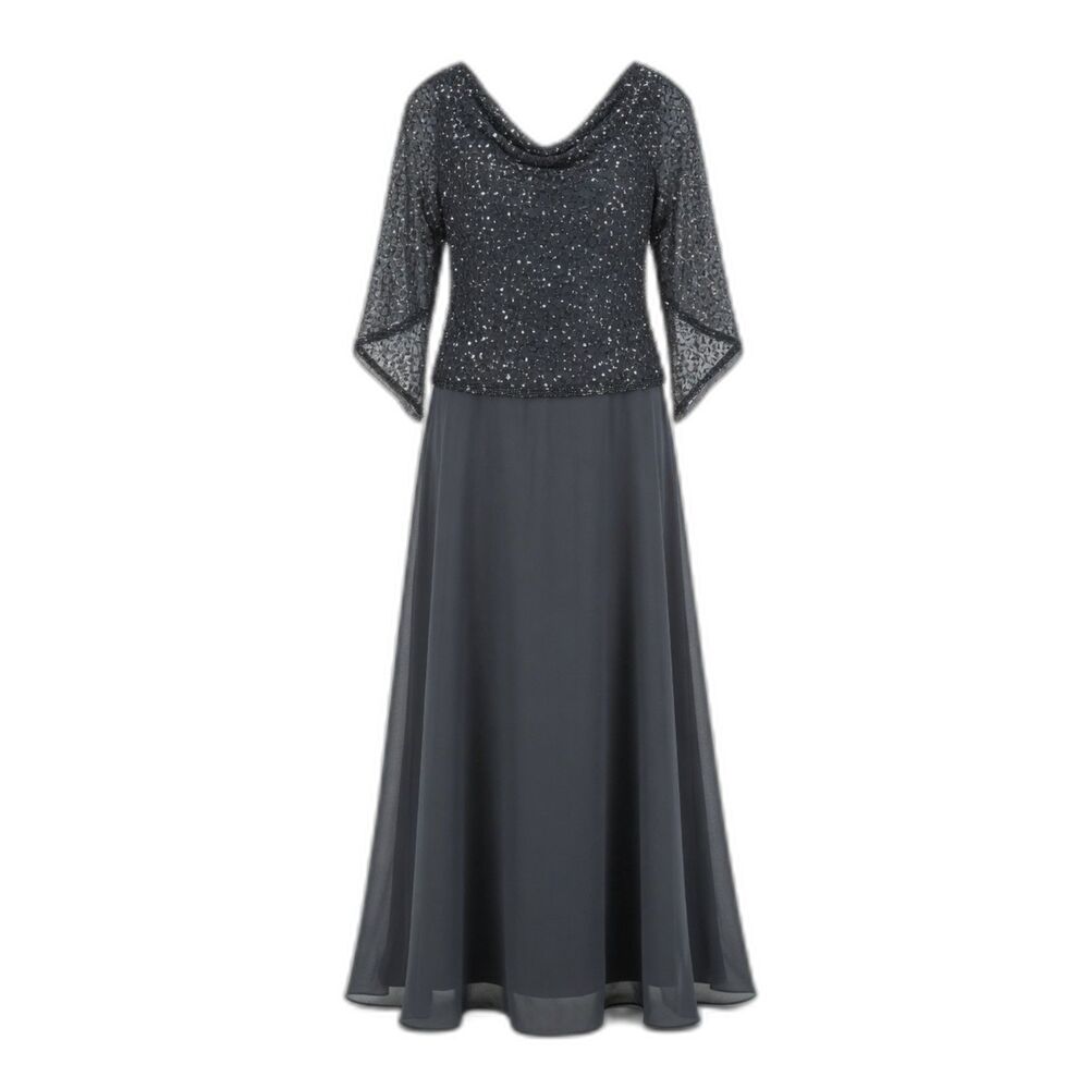 J Kara Women's Plus Size 14 Gray Long Beaded Cowl Neck Chiffon Evening Gown